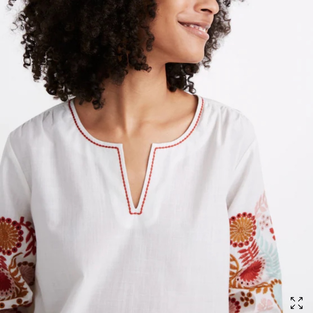 Madewell Cream Embroidered sleeve Popover Top